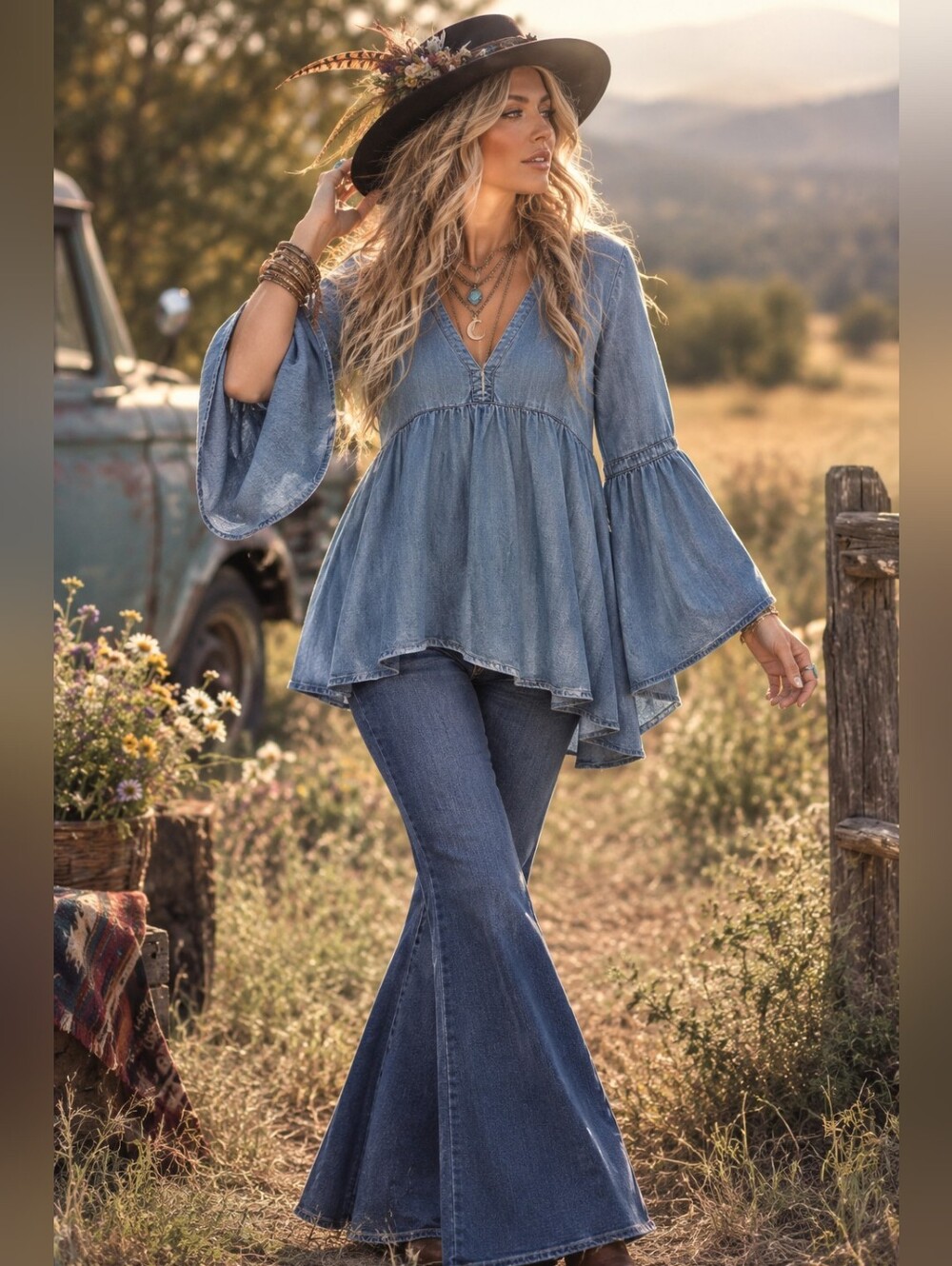 #56 Altar'd State Light Blue Denim Babydoll Bell Sleeve Top